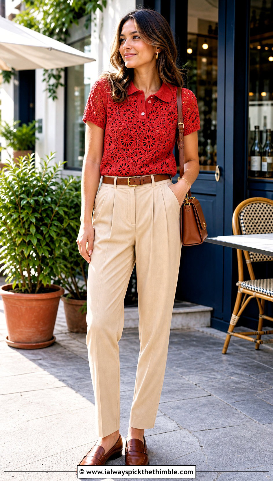 Floral Crochet Polo Top With Pleated Chinos - 25 crochet flower top outfit ideas