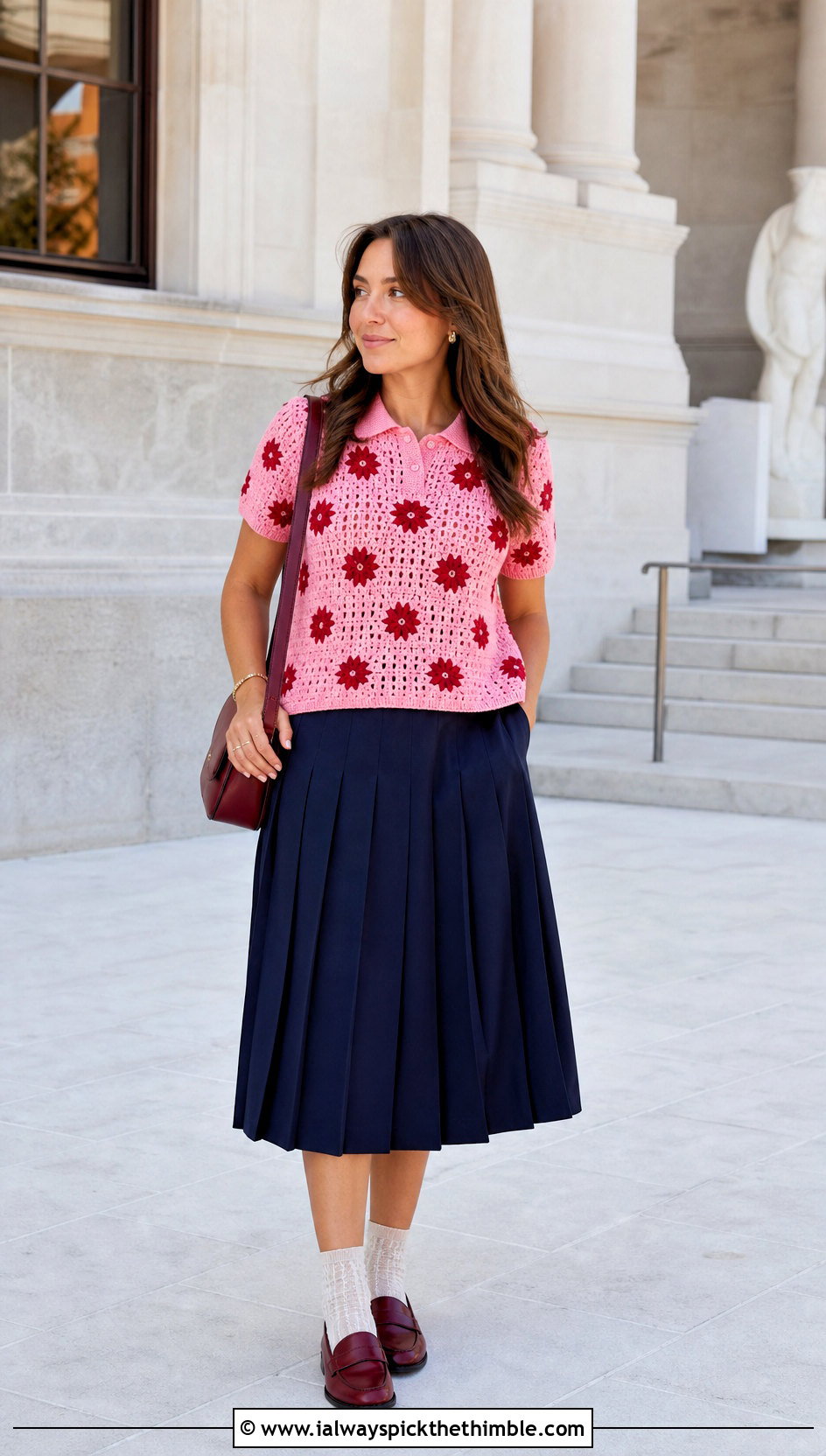 Floral Crochet Polo Top With Pleated Midi Skirt - 25 crochet top with flowers outfit ideas