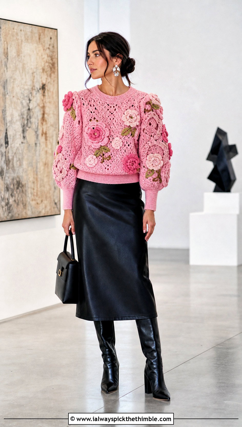 Floral Crochet Puff Sleeve Sweater With Leather Midi Skirt - 20 Crochet Puff Sleeve Sweater outfit ideas