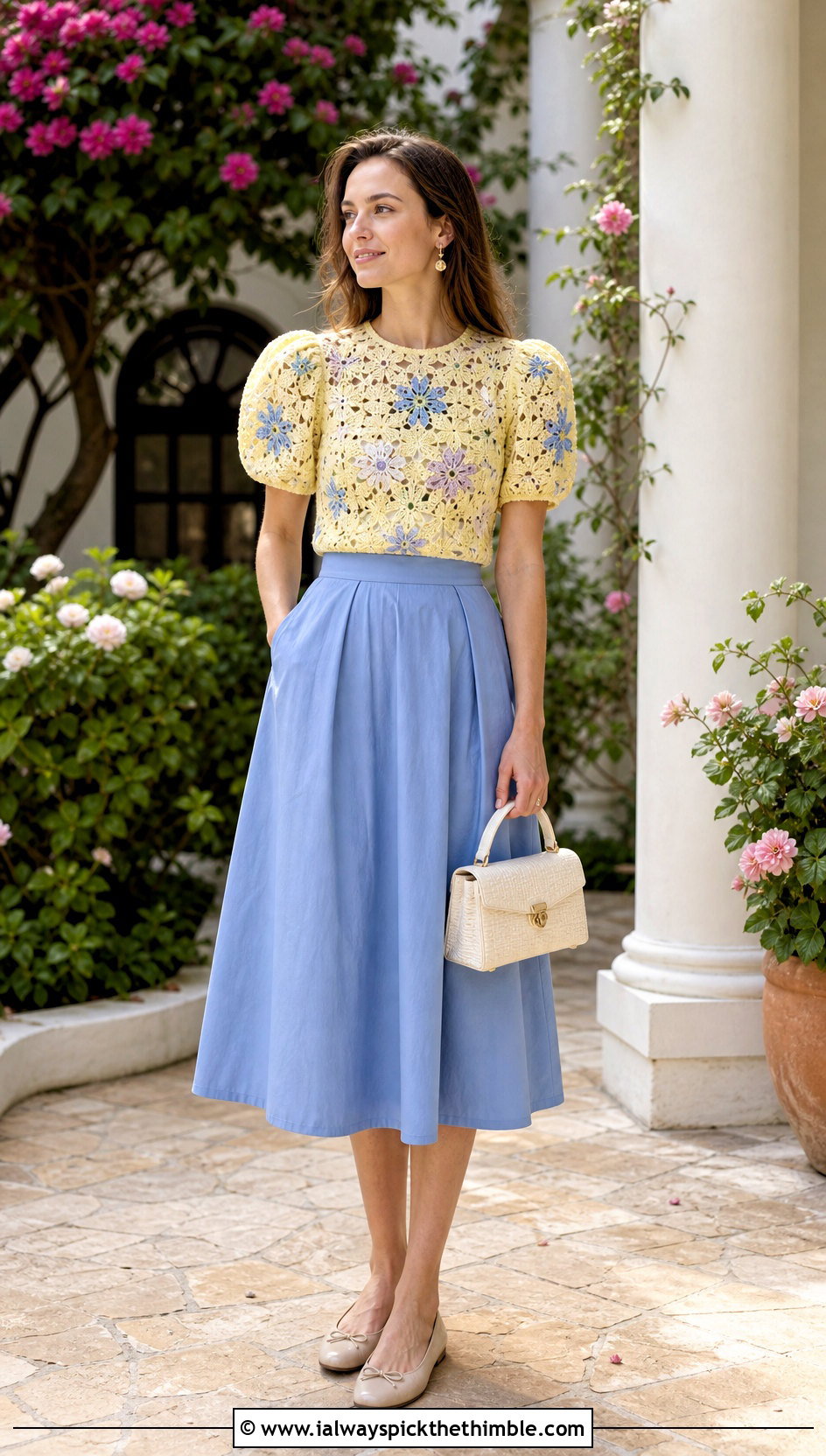 Floral Crochet Puff Sleeve Top With A Line Midi Skirt - 25 floral crochet top outfit ideas