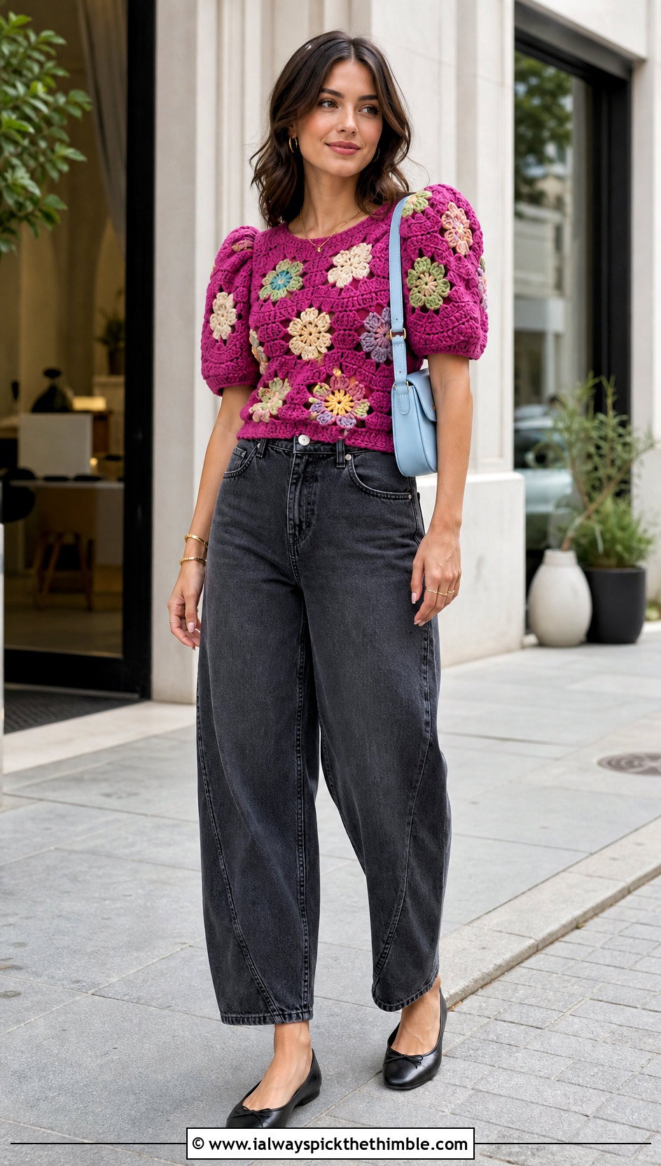 Floral Crochet Puff Sleeve Top With Barrel Jeans - 25 crochet floral top outfit ideas