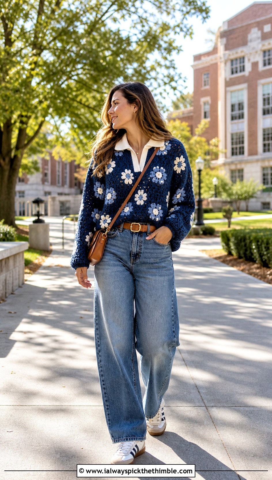 Floral Crochet Rugby Top With Barrel Leg Jeans - 25 floral crochet top outfit ideas