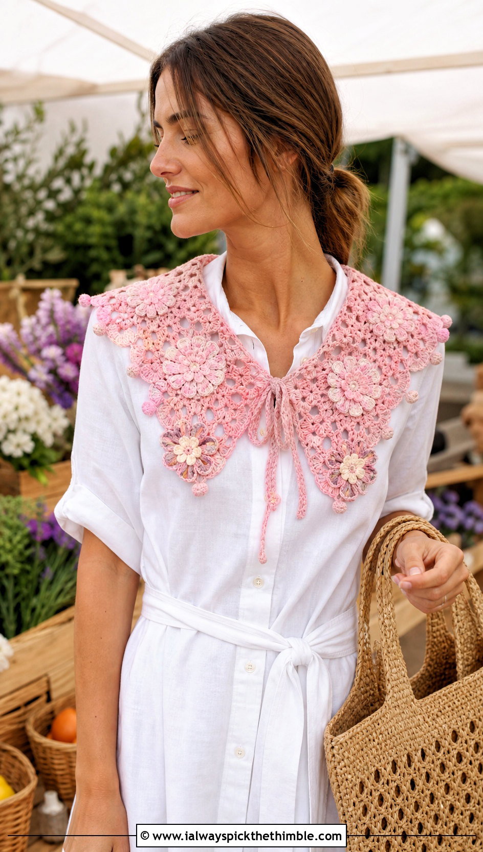 Floral Crochet Sailor Collar With Linen Shirt Dress - 20 crochet sailor collar outfit ideas