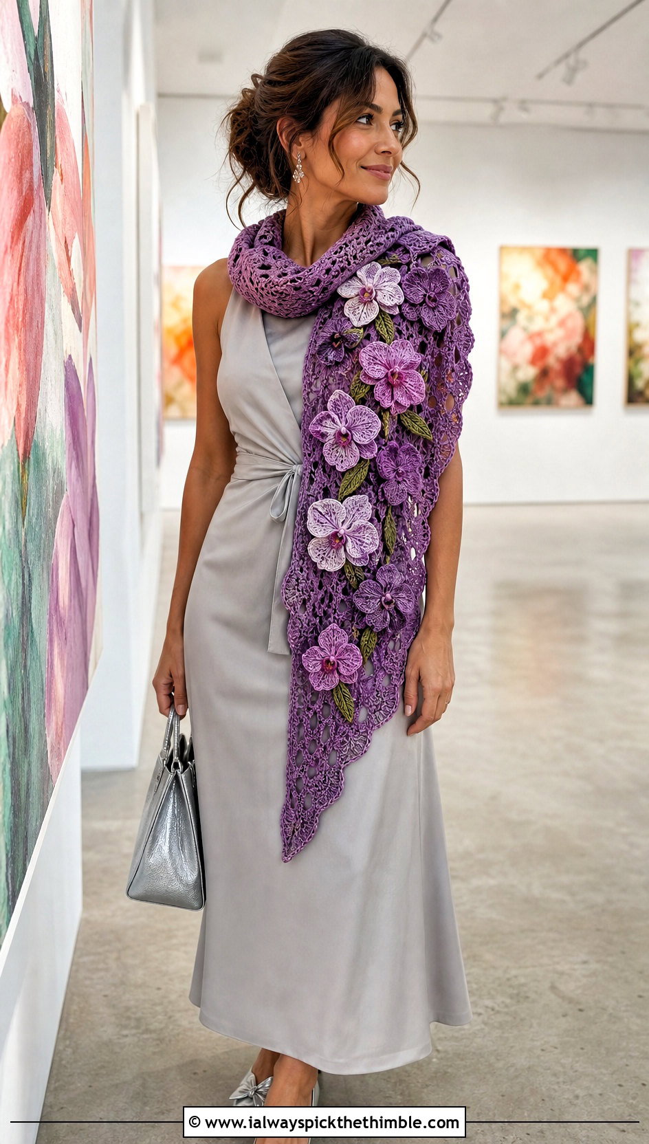 Floral Crochet Scarf With Minimalist Dress - 25 crocheted scarf outfit ideas
