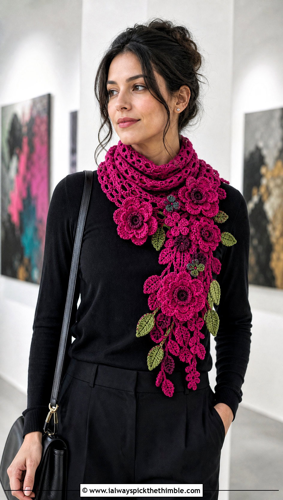 Floral Crochet Scarf With Monochrome Outfit - 25 quick crochet scarf outfit ideas
