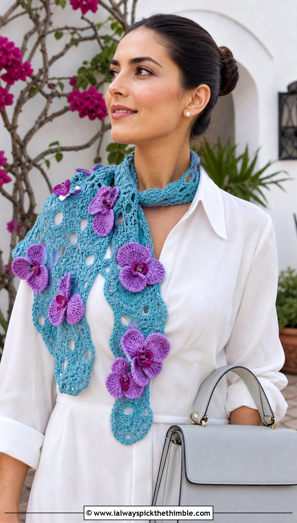 Floral Crochet Scarf With Shirt Dress And Ballet Flats - 15 Small Neck Crochet Scarf outfit ideas