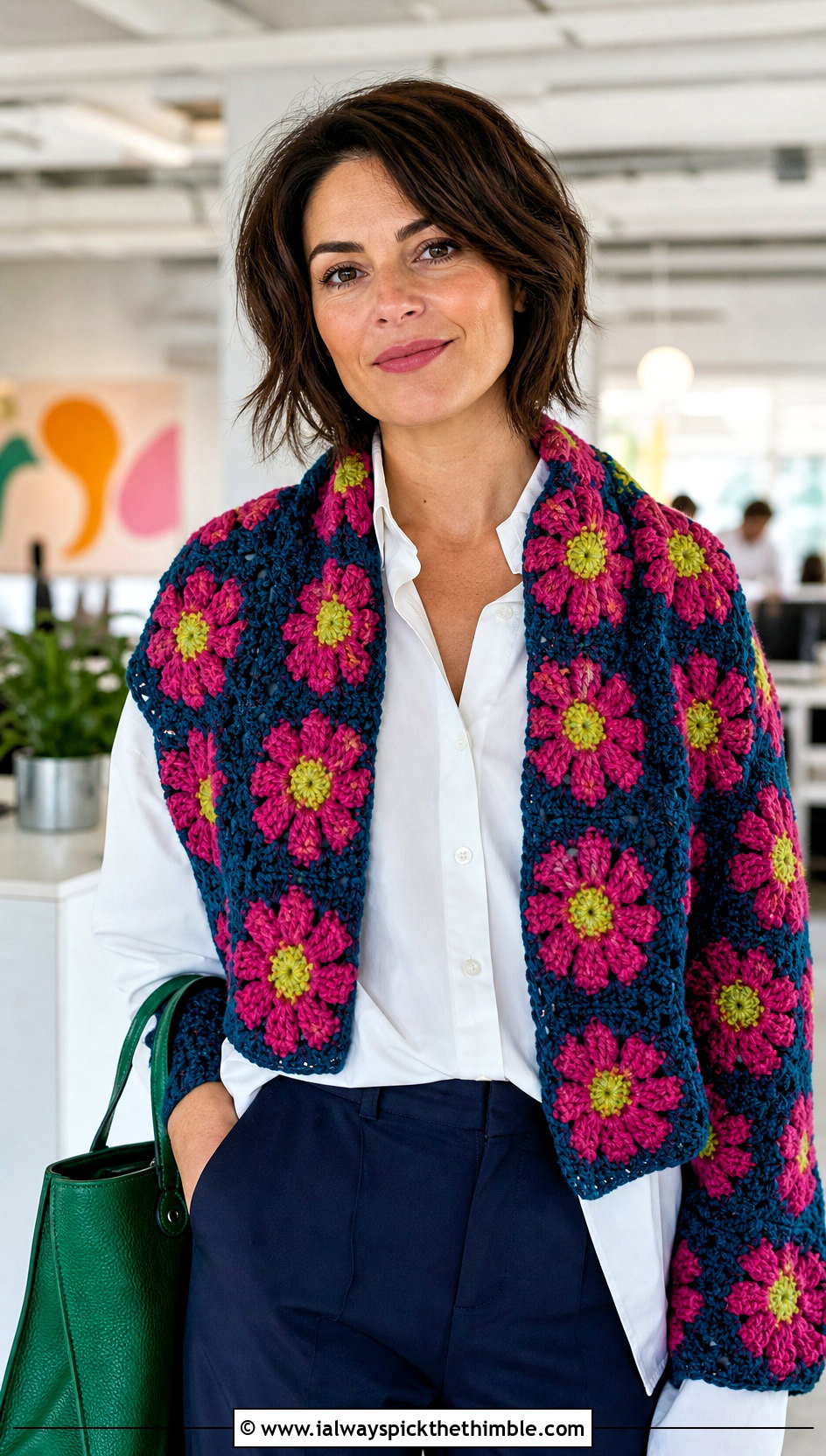 Floral Crochet Scarf With Sleeves And White Shirt - 25 crochet scarf with sleeves outfit ideas