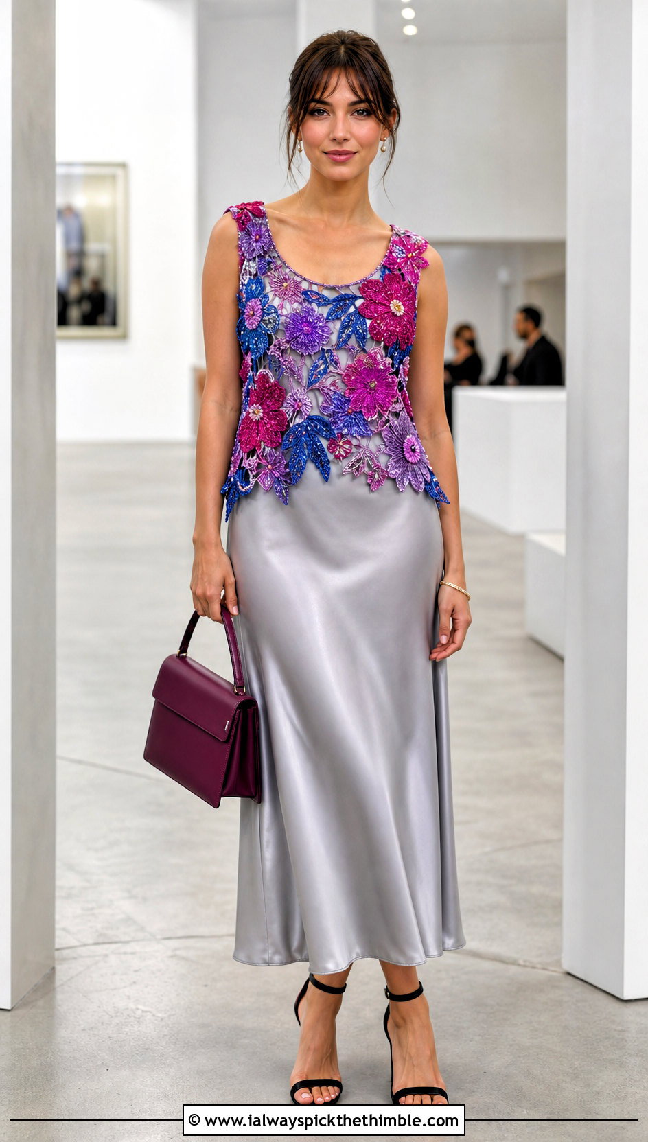 Floral Crochet Sequin Tank Top Over A Slip Dress - 15 crochet sequin tank top outfit ideas