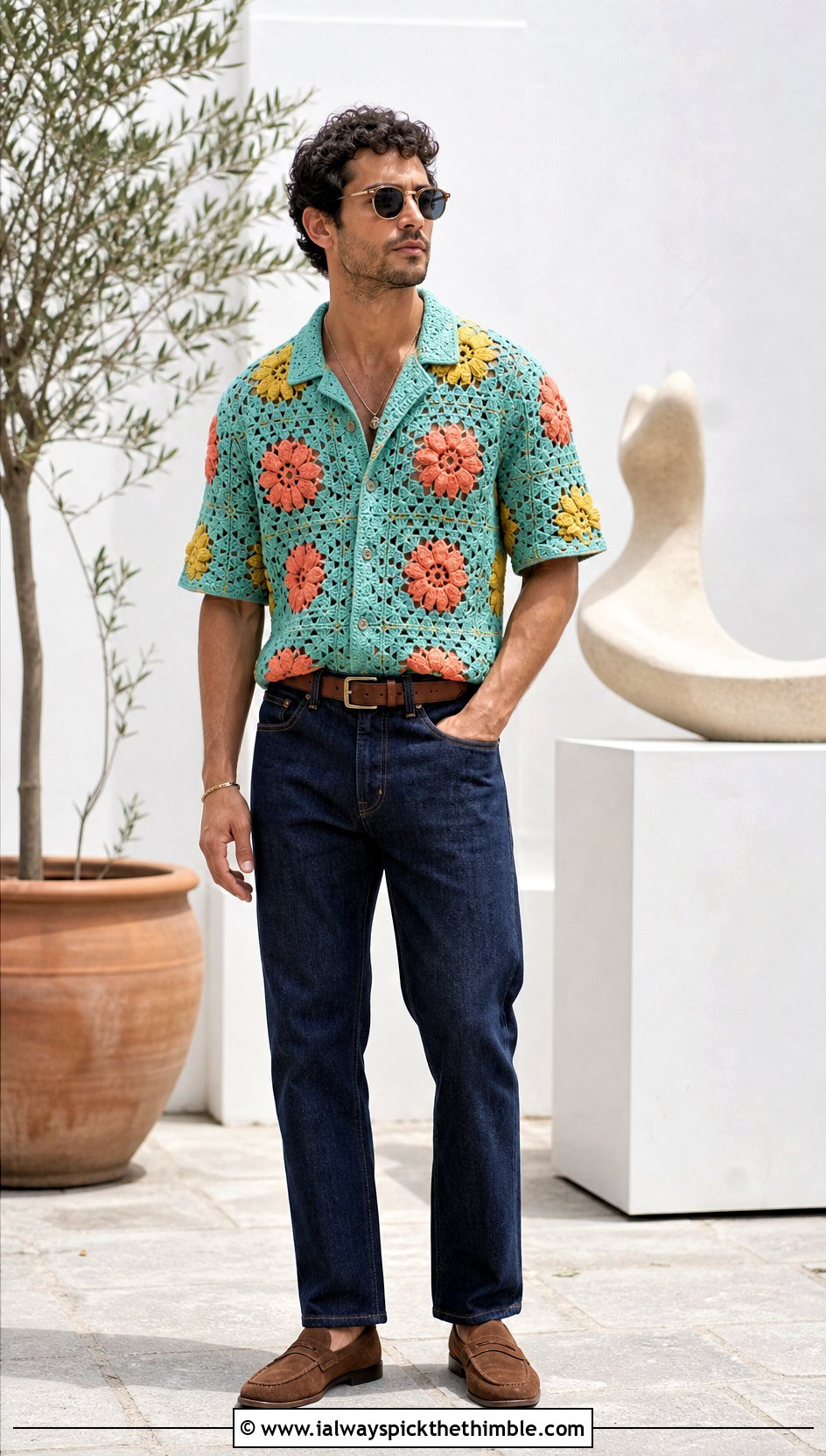 Floral Crochet Shirt With Dark Denim - 25 mens crochet shirt outfit ideas