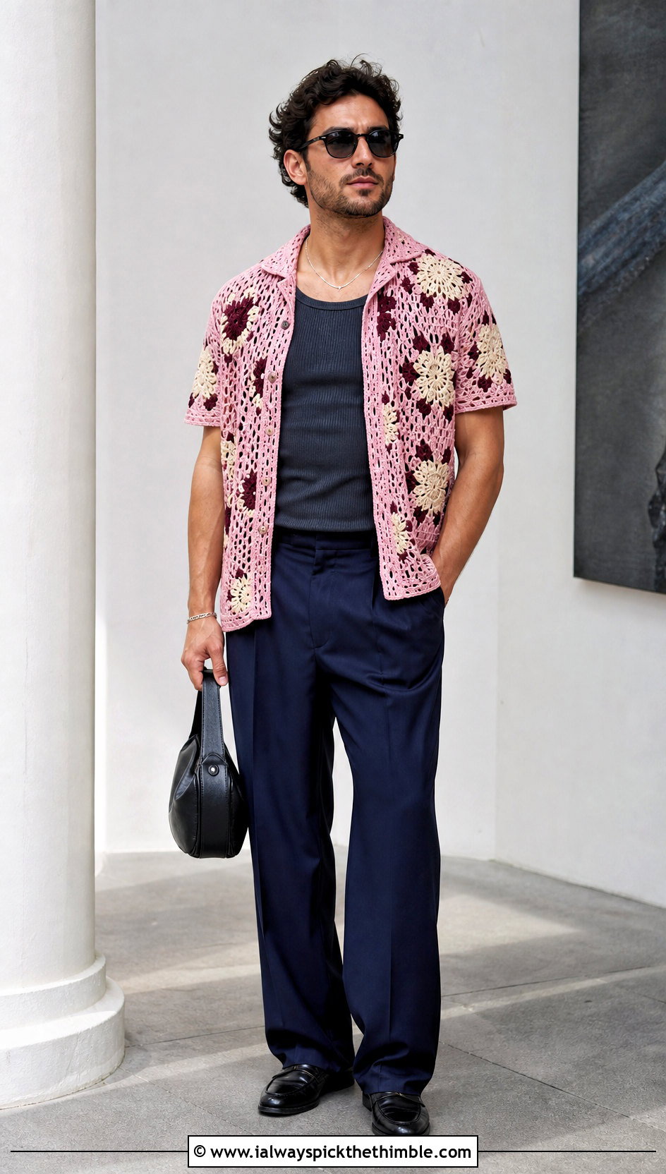 Floral Crochet Shirt With Relaxed Suit Pants - 25 crochet male shirt outfit ideas