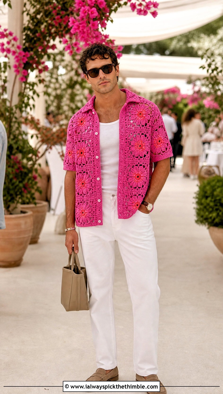 Floral Crochet Shirt With White Jeans - 25 crochet shirt men outfit ideas