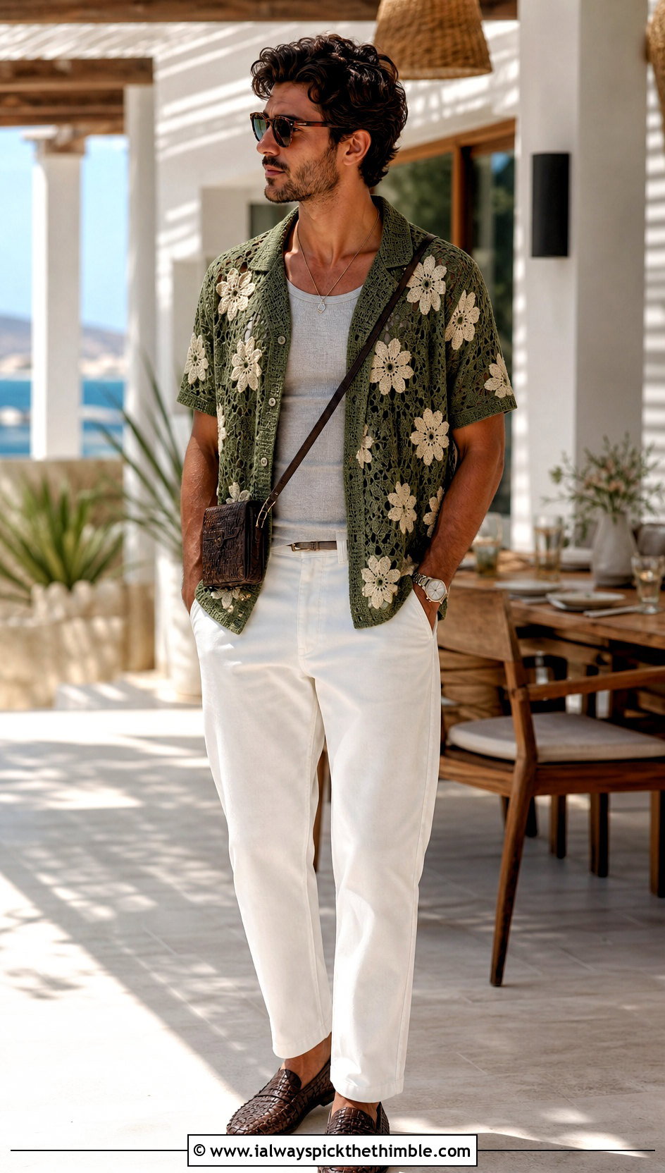 Floral Crochet Shirt With White Jeans - 25 crochet men shirt outfit ideas