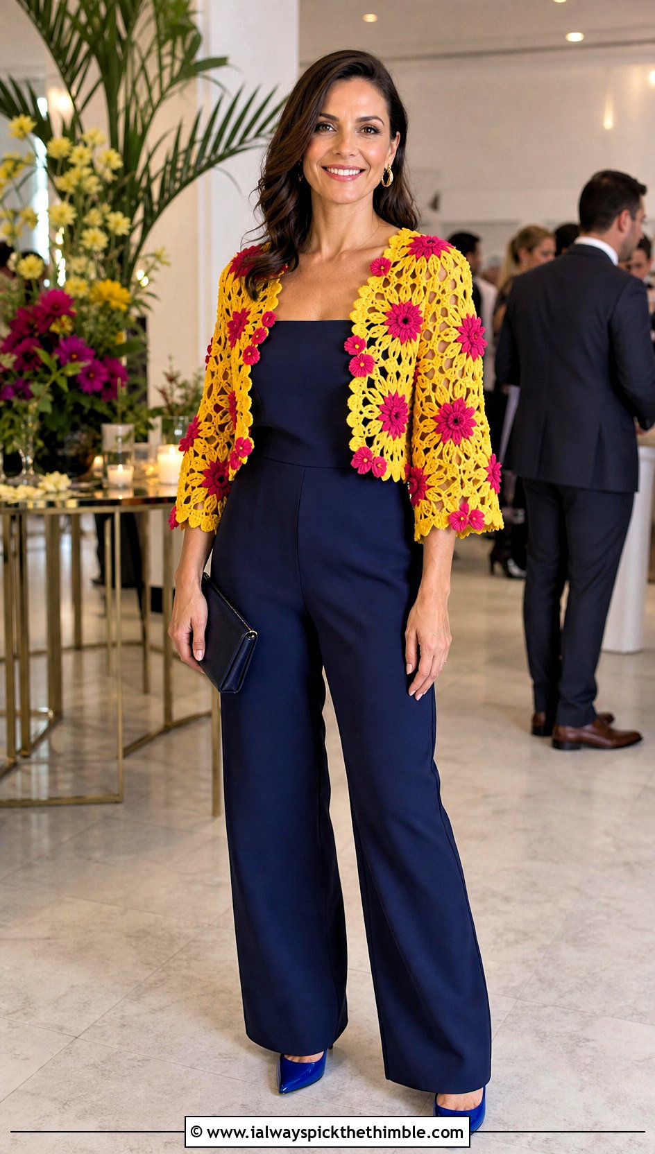 Floral Crochet Shrug With Tailored Jumpsuit - 15 Colorful Floral Crochet Clothing and outfit ideas