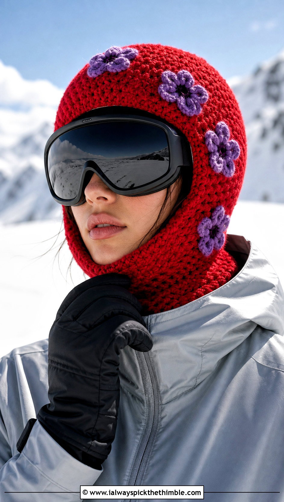 Floral Crochet Ski Helmet Balaclava With Minimal Ski Suit - 15 crochet ski helmet balaclava outfit ideas