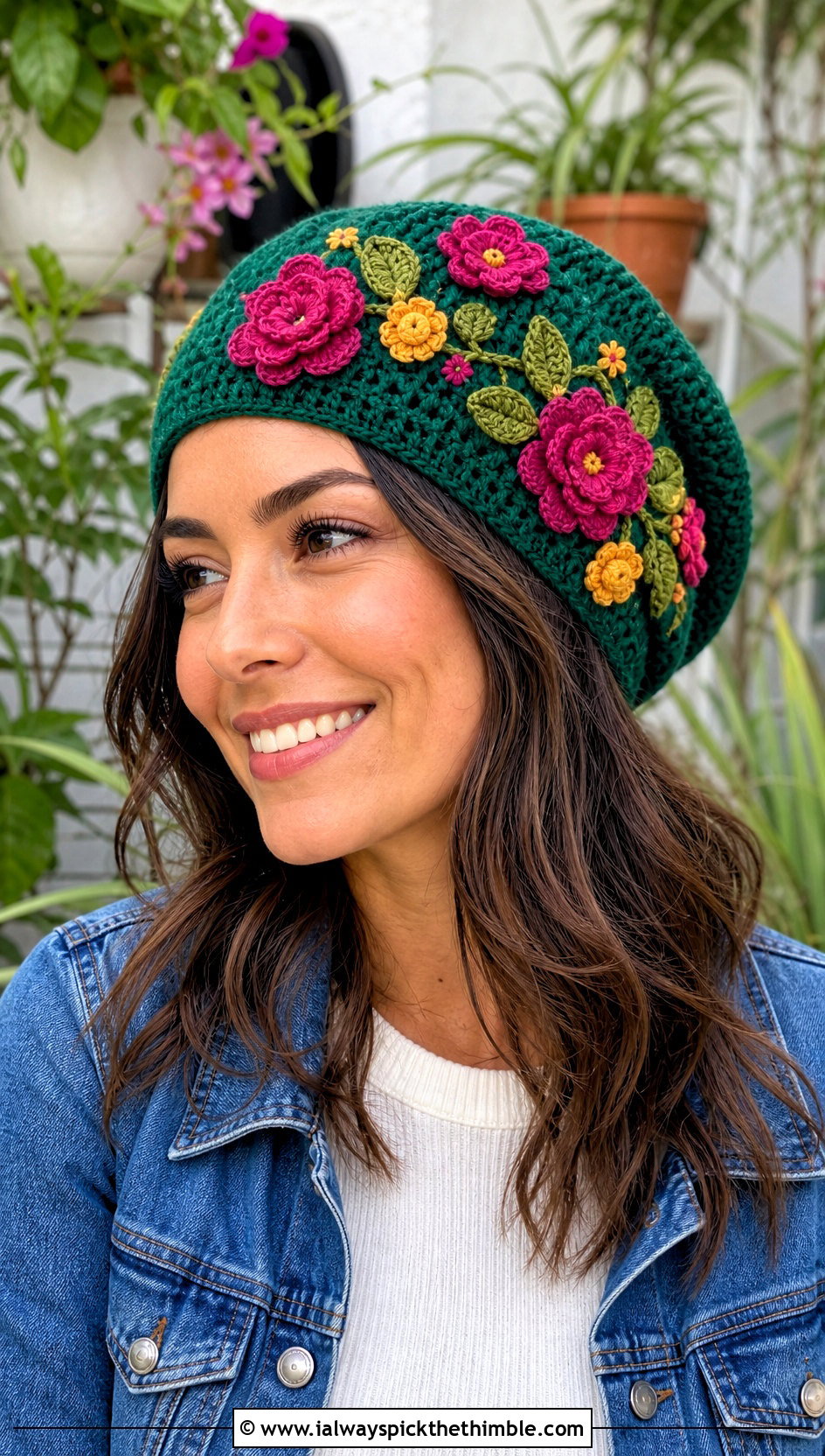 Floral Crochet Slouch Hat With Denim Midi Skirt - 20 easy crochet slouch hat outfit ideas