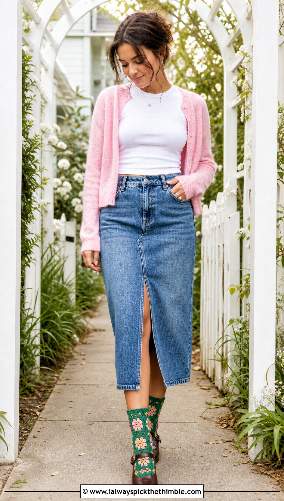 Floral Crochet Socks With A Denim Midi Skirt - 20 Crocheted Socks outfit ideas