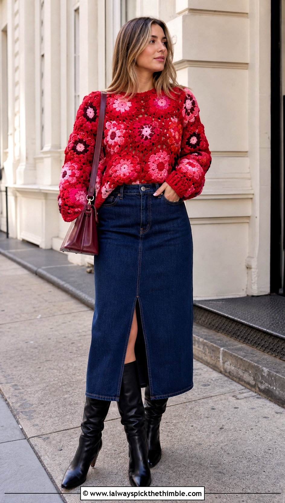 Floral Crochet Sweater Top With Denim Midi Skirt - 20 flower crochet tops outfit ideas