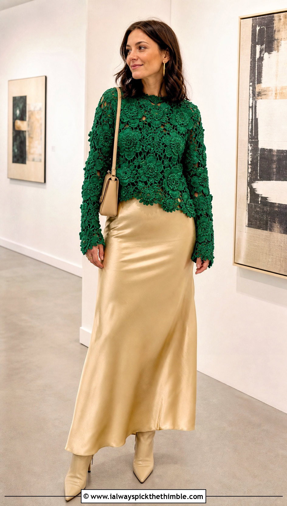 Floral Crochet Sweater Top With Satin Maxi Skirt - 25 crochet flower top outfit ideas