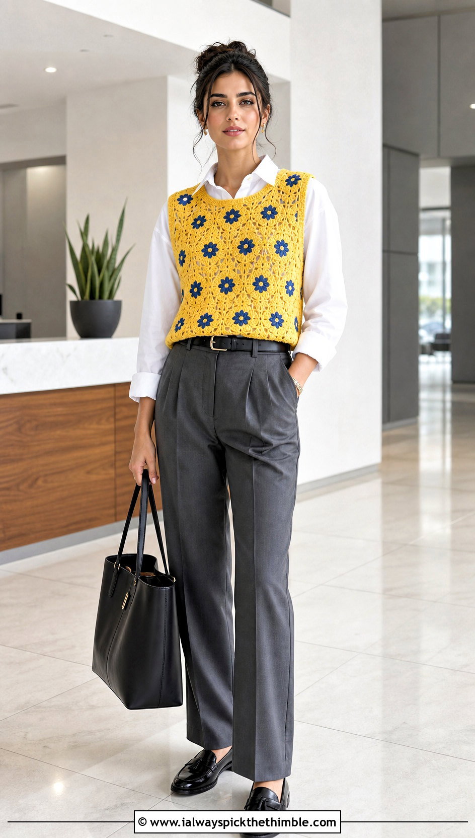Floral Crochet Sweater Vest With Tailored Trousers - 15 Colorful Floral Crochet Clothing and outfit ideas