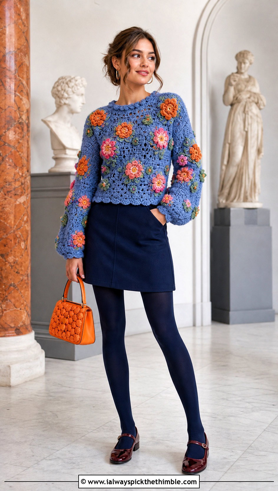 Floral Crochet Sweater With A Line Mini Skirt - 25 colorful crochet sweater outfit ideas