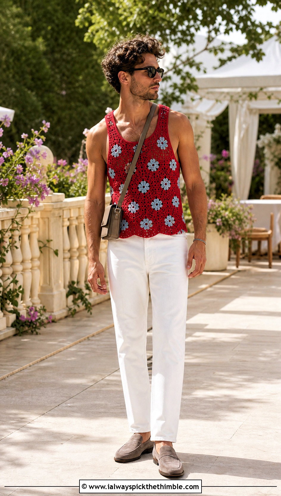 Floral Crochet Tank Top With White Jeans - 20 Mens Crochet Tank Top outfit ideas