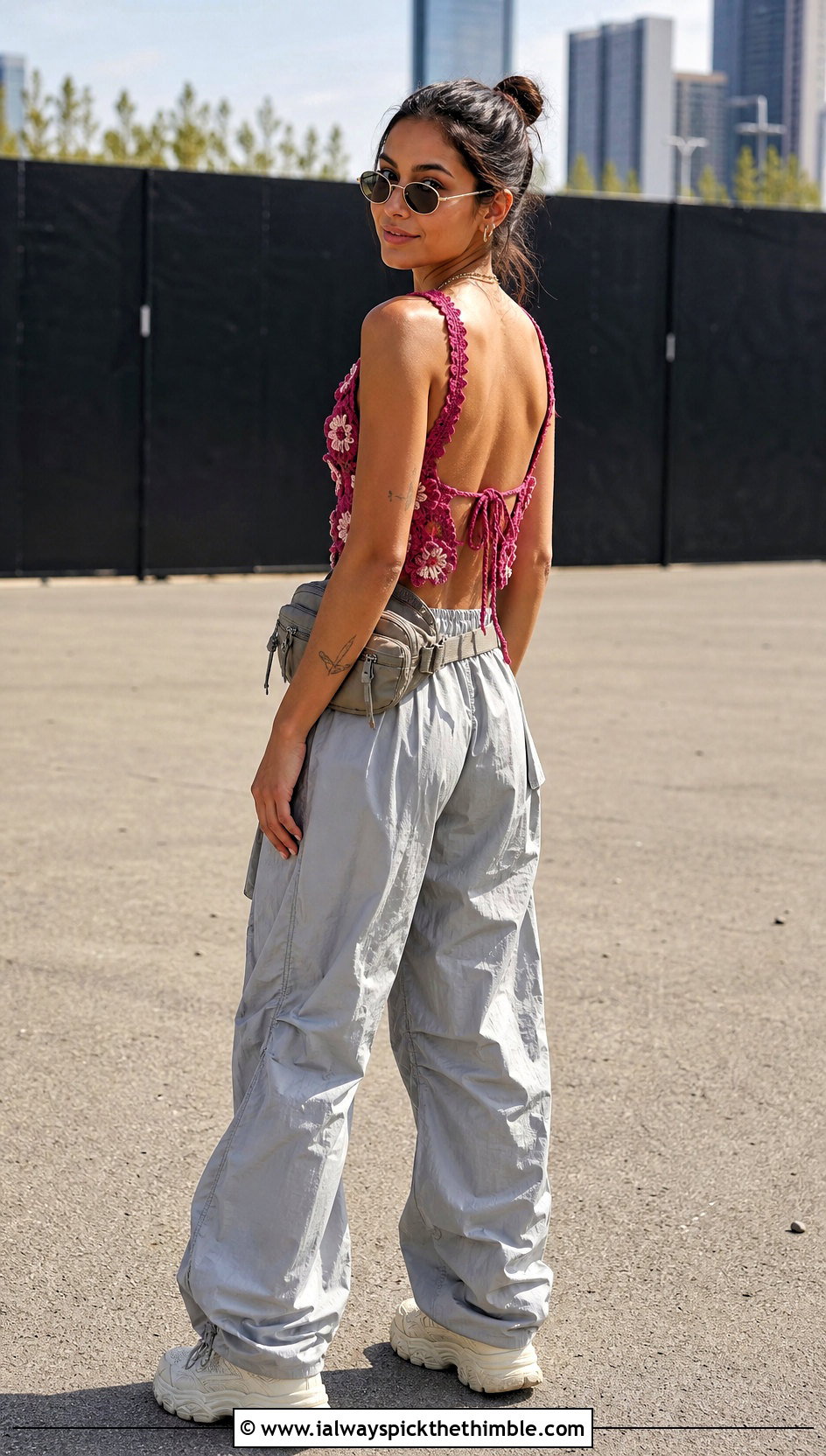 Floral Crochet Tie Back Top With Parachute Pants - 20 crochet tie back top outfit ideas