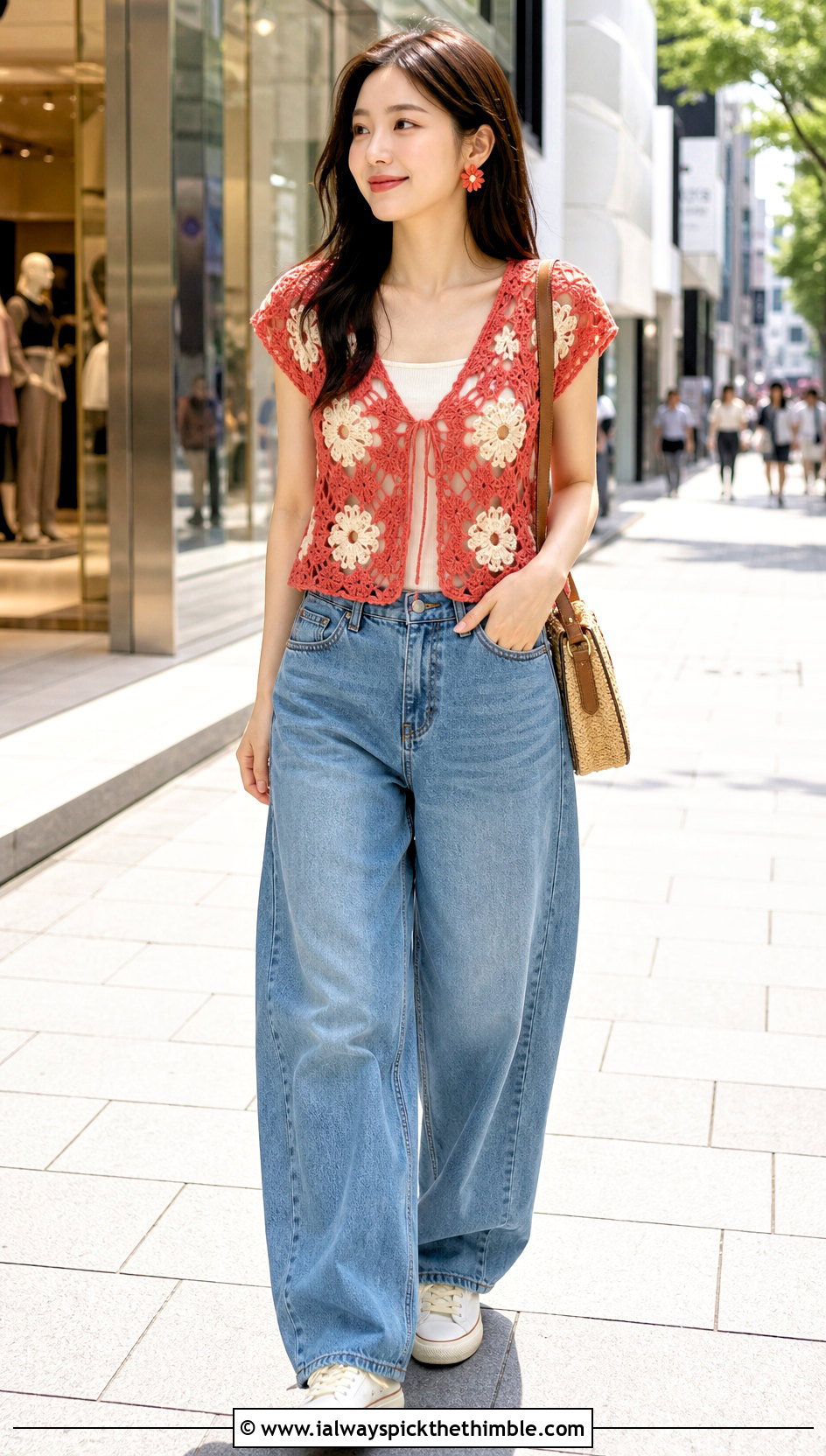 Floral Crochet Top With Barrel Leg Jeans - 20 korean crochet outfits ideas
