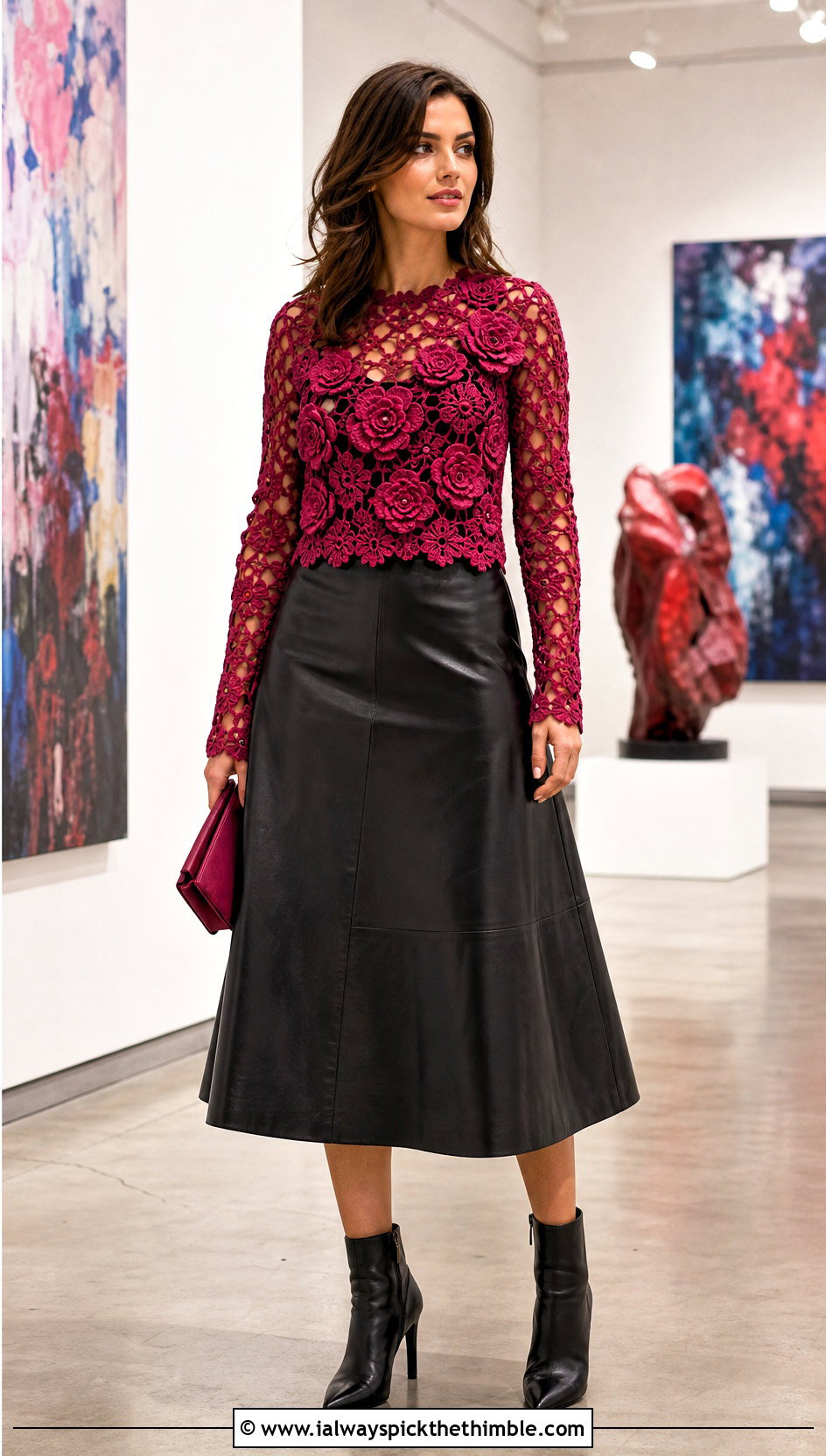 Floral Crochet Top With Leather Midi Skirt - 25 cute crochet tops outfit ideas