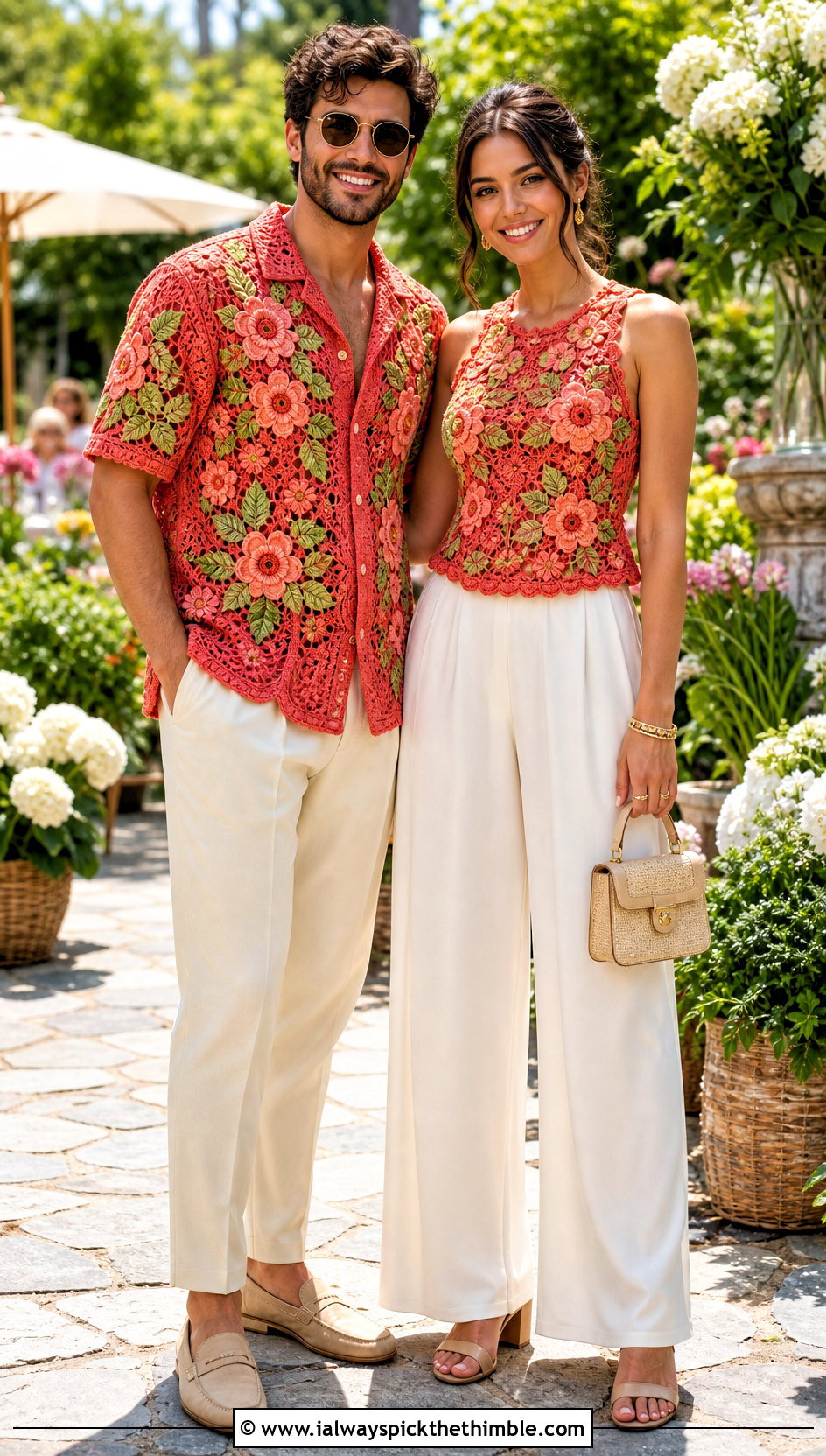 Floral Crochet Tops With Wide Leg Pants - 20 couples crochet outfit ideas