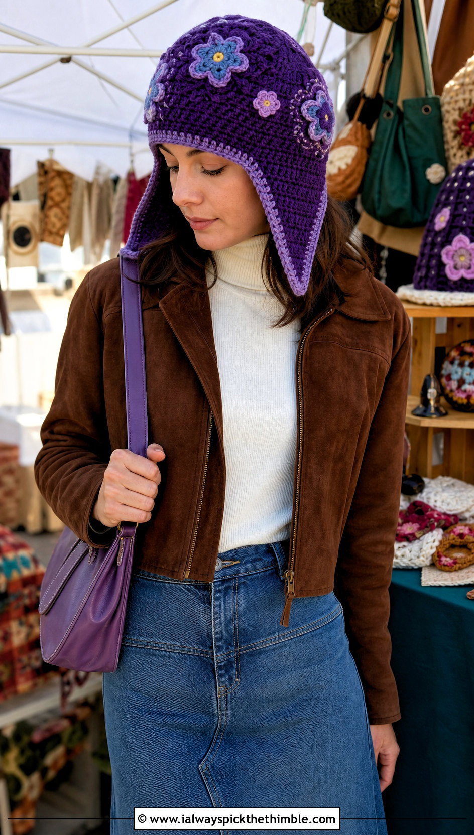 Floral Crochet Trapper Hat With Denim Maxi Skirt - 25 Crochet Trapper Hat outfit ideas