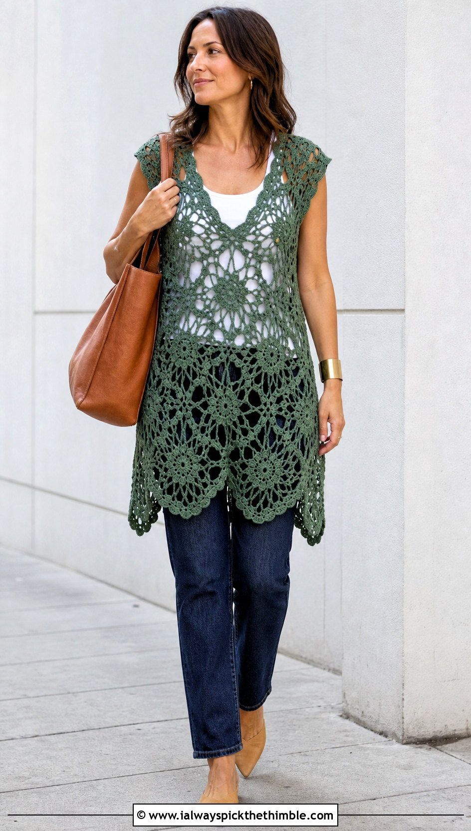 Floral Crochet Tunic Dress With Straight Leg Jeans - 25 Crochet Flower Dress outfit ideas
