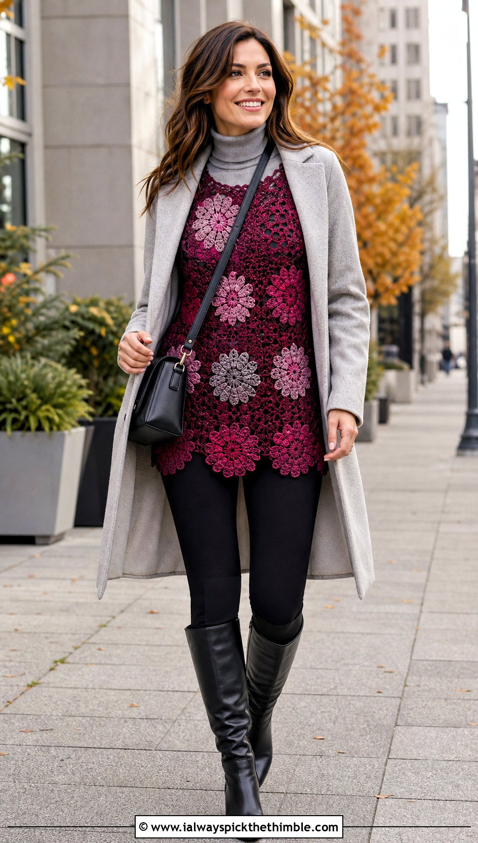 Floral Crochet Tunic Top With Leggings And Knee Boots - 25 crochet top with flowers outfit ideas