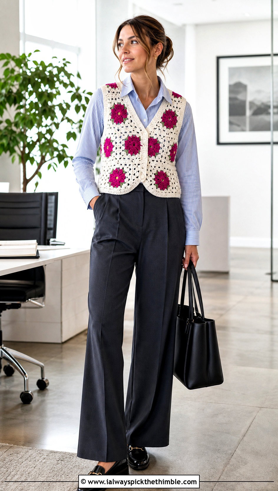 Floral Crochet Vest With Pinstripe Shirt And Trousers - 15 white crochet top with flowers outfit ideas