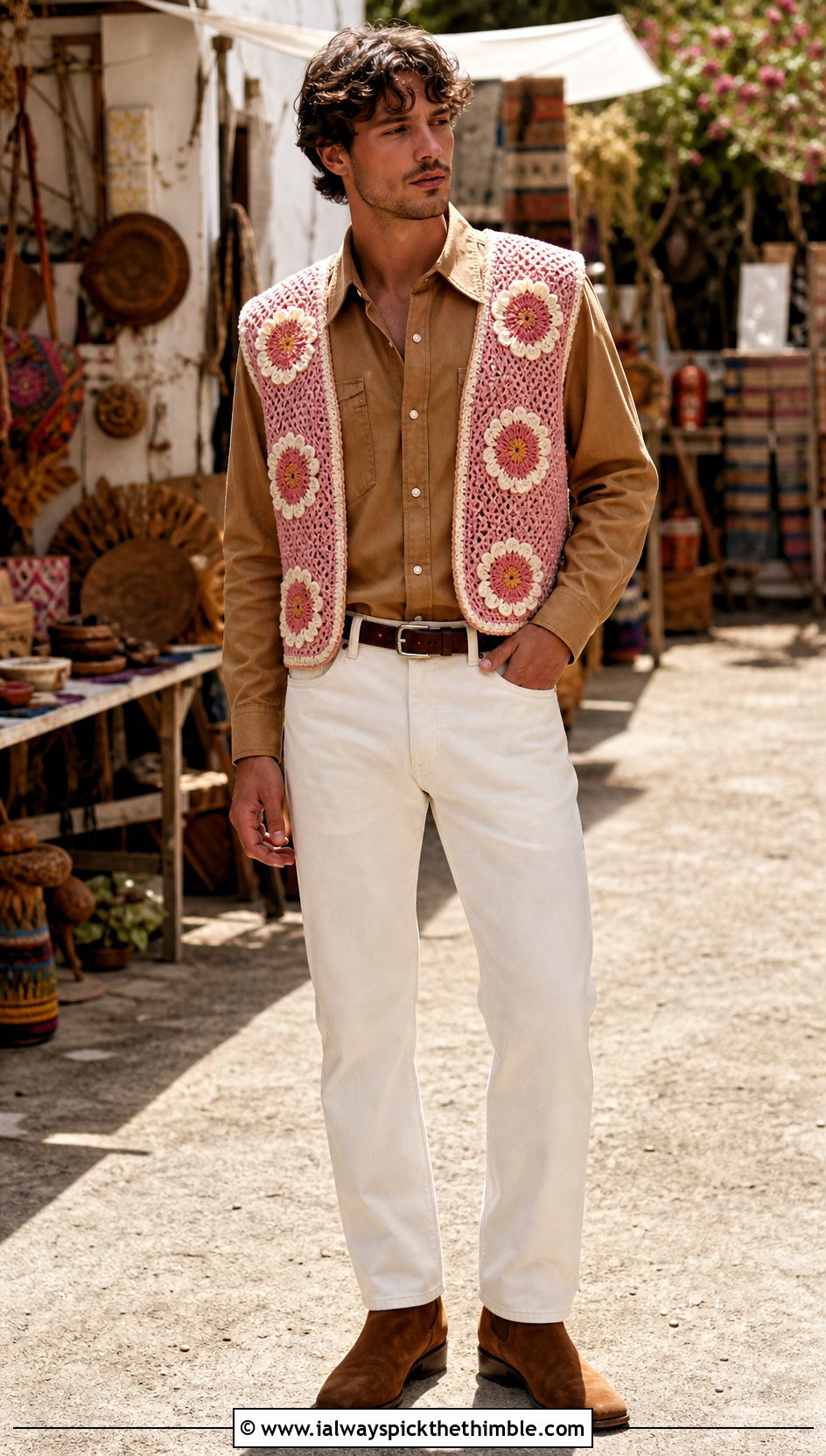 Floral Crochet Vest With Western Shirt And Ecru Jeans - 20 mens crochet vest outfit ideas