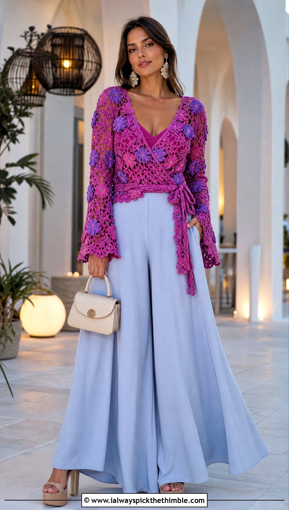Floral Crochet Wrap Top With Palazzo Pants - 25 crochet top with flowers outfit ideas