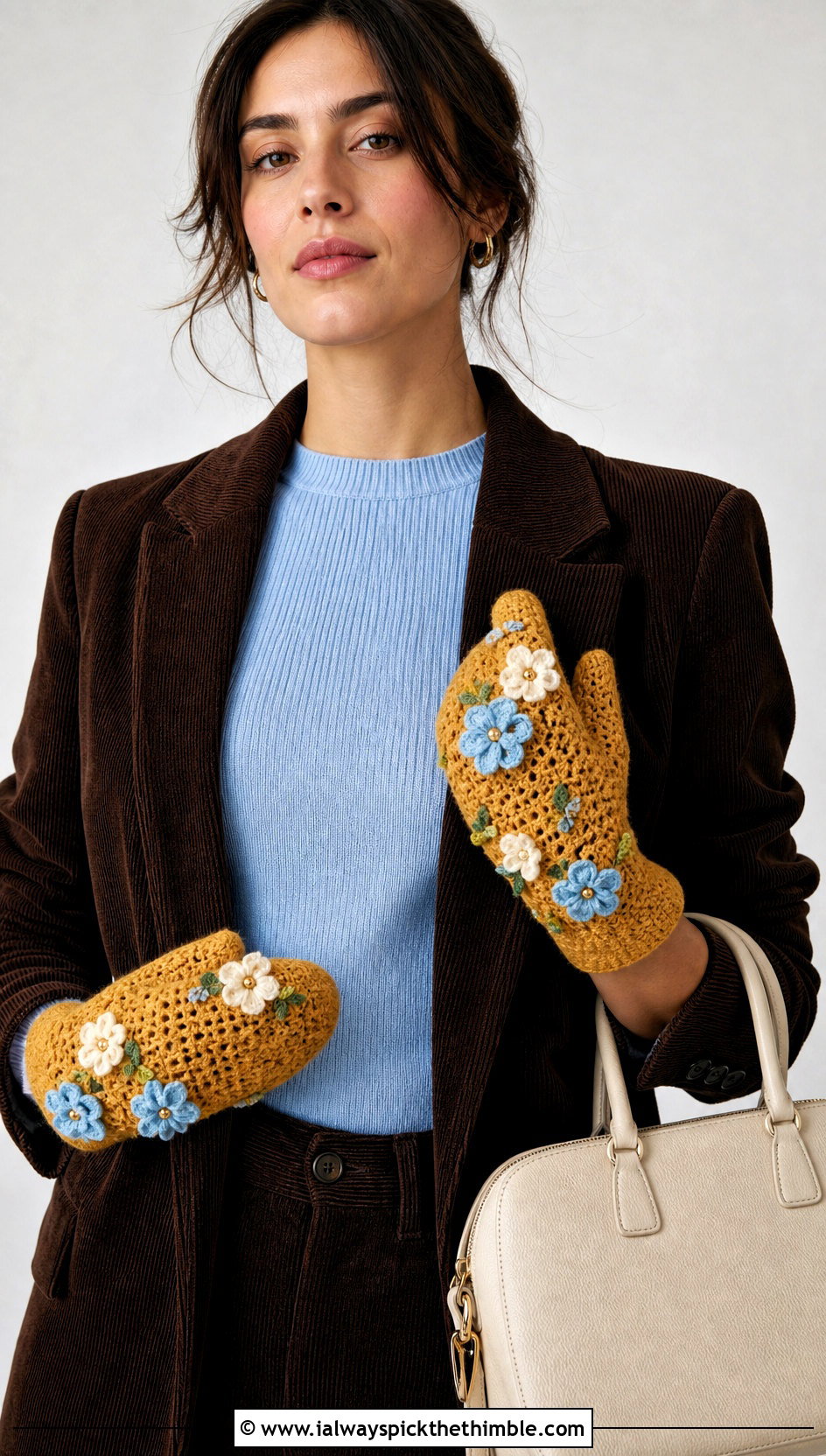 Floral Crocheted Mittens With Corduroy Suit - 20 Easy Crocheted Mittens outfit ideas