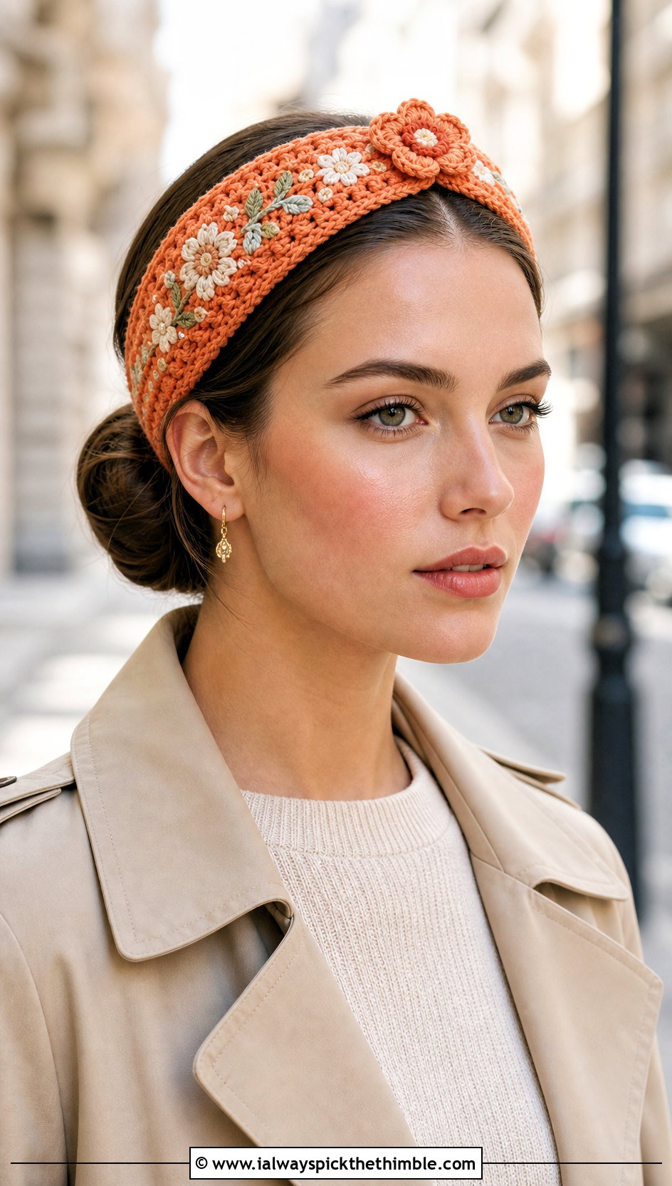 Floral Cuff Wide Cinch Crochet Headband With Trench Coat - 15 wide cinch crochet headband outfit ideas