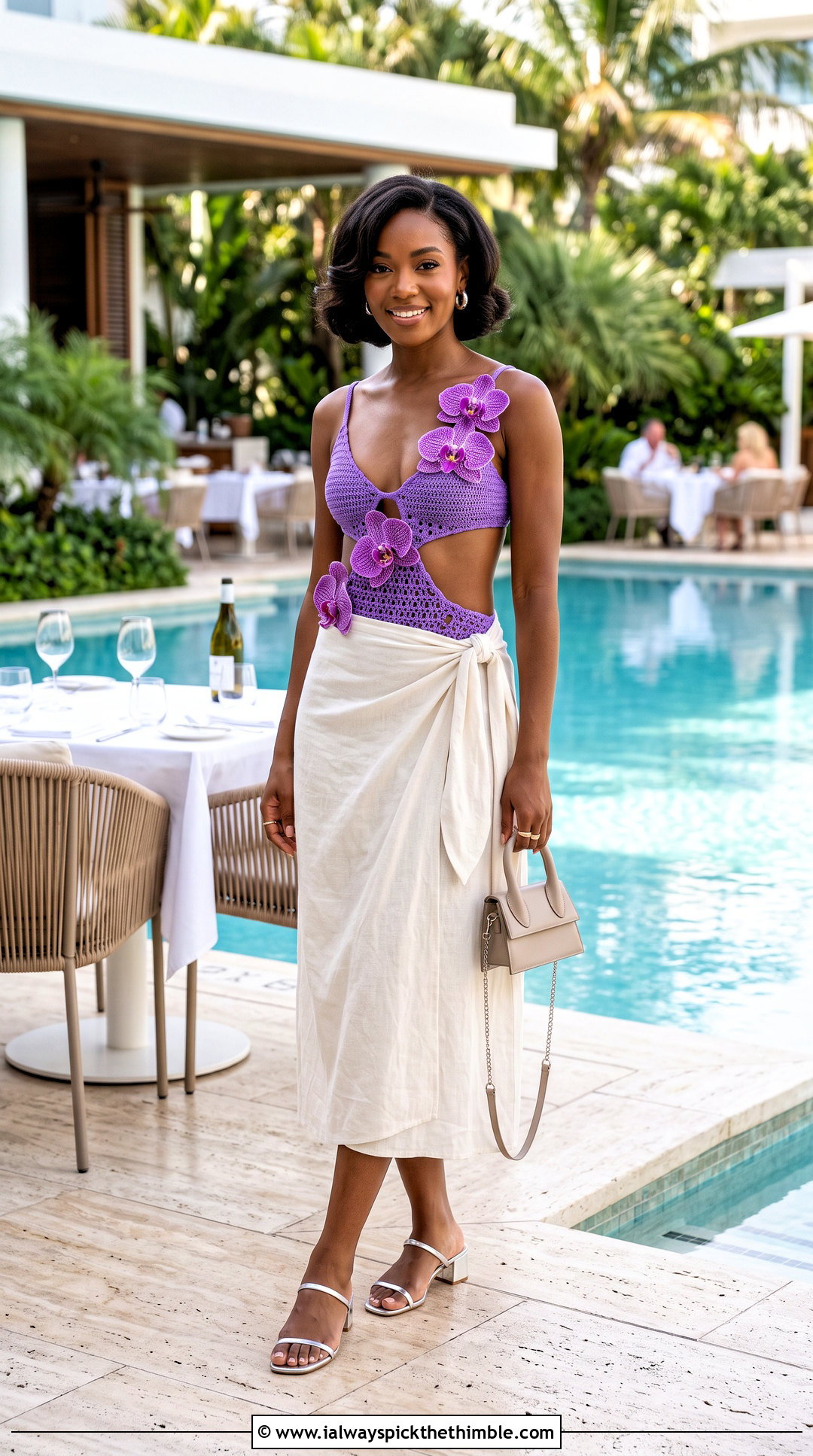 Floral Cutout Crochet Flower Monokini With Wrap Skirt - 20 crochet flower swimsuit outfit ideas