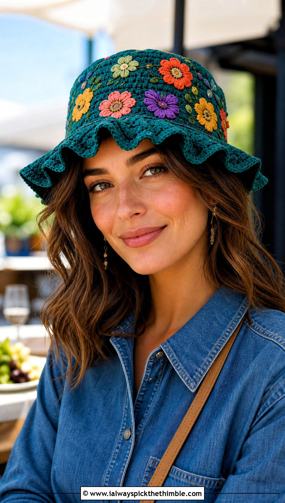 Floral Embroidered Crochet Ruffle Bucket Hat With Denim Shirt Dress - 25 crochet ruffle bucket hat outfit ideas