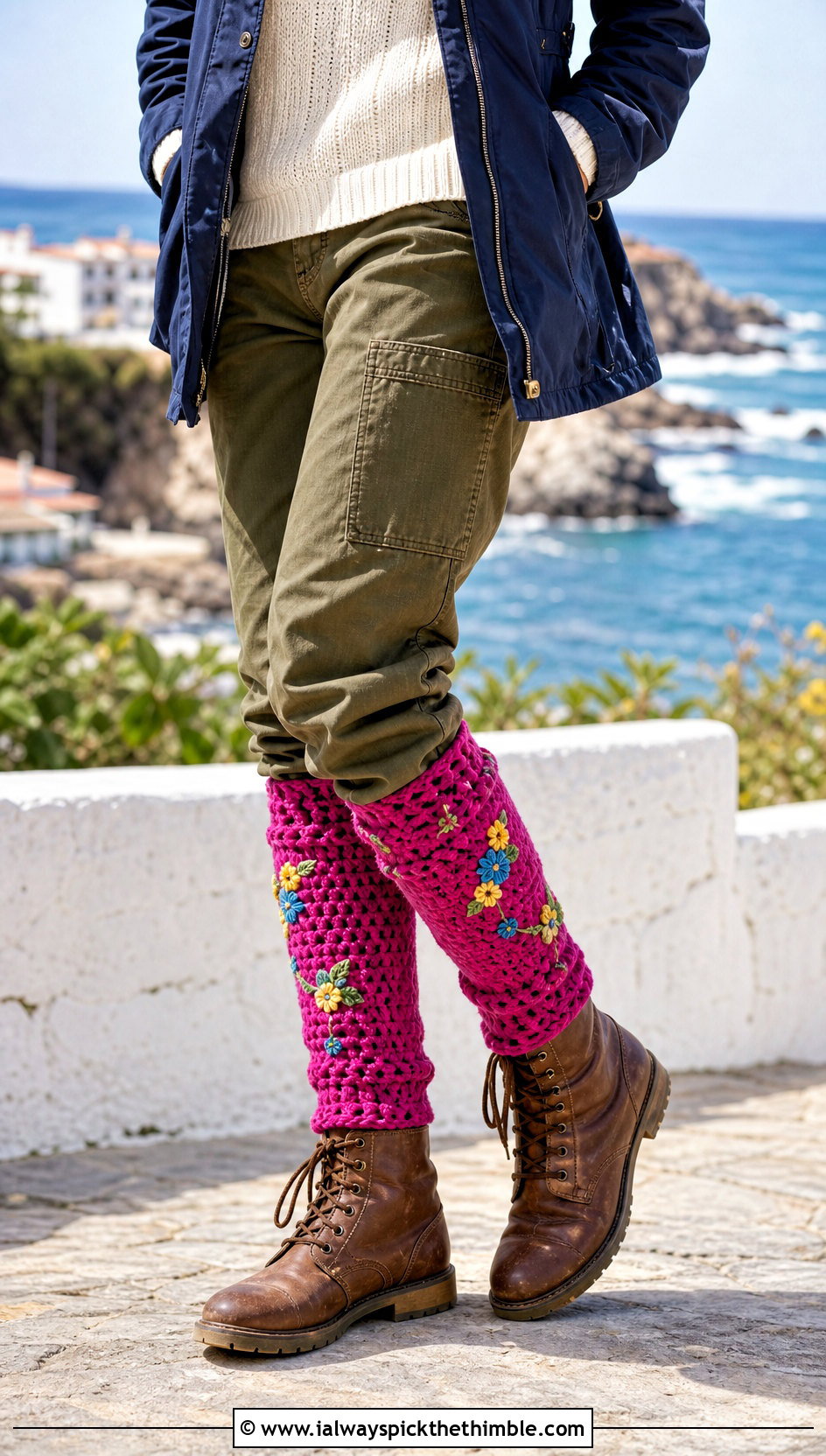 Floral Embroidered Crocheted Leg Warmers With A Parka - 25 Crocheted Leg Warmers outfit ideas