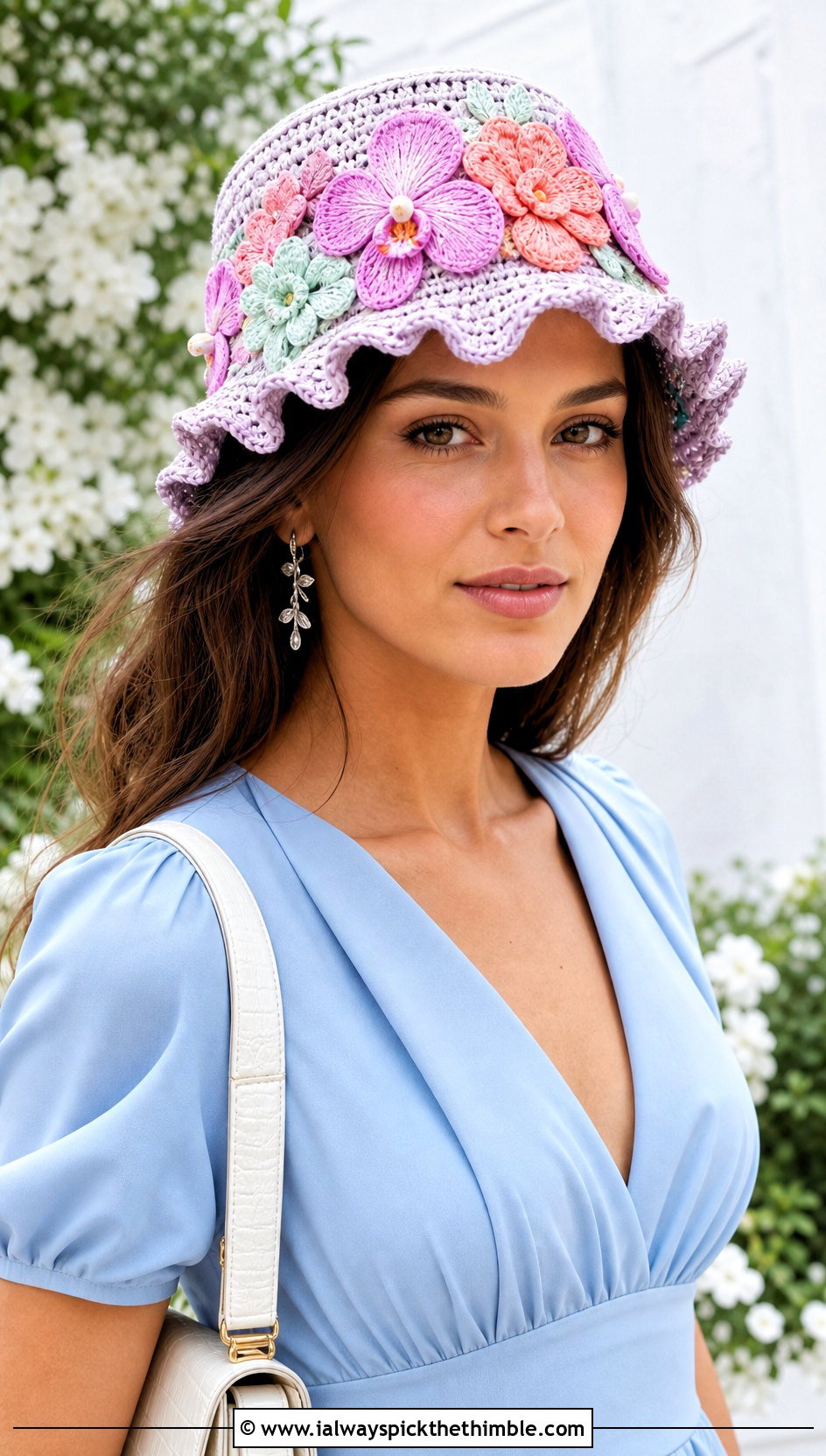 Floral Embroidered Ruffled Crochet Bucket Hat With Midi Dress - 20 ruffled crochet bucket hat outfit ideas