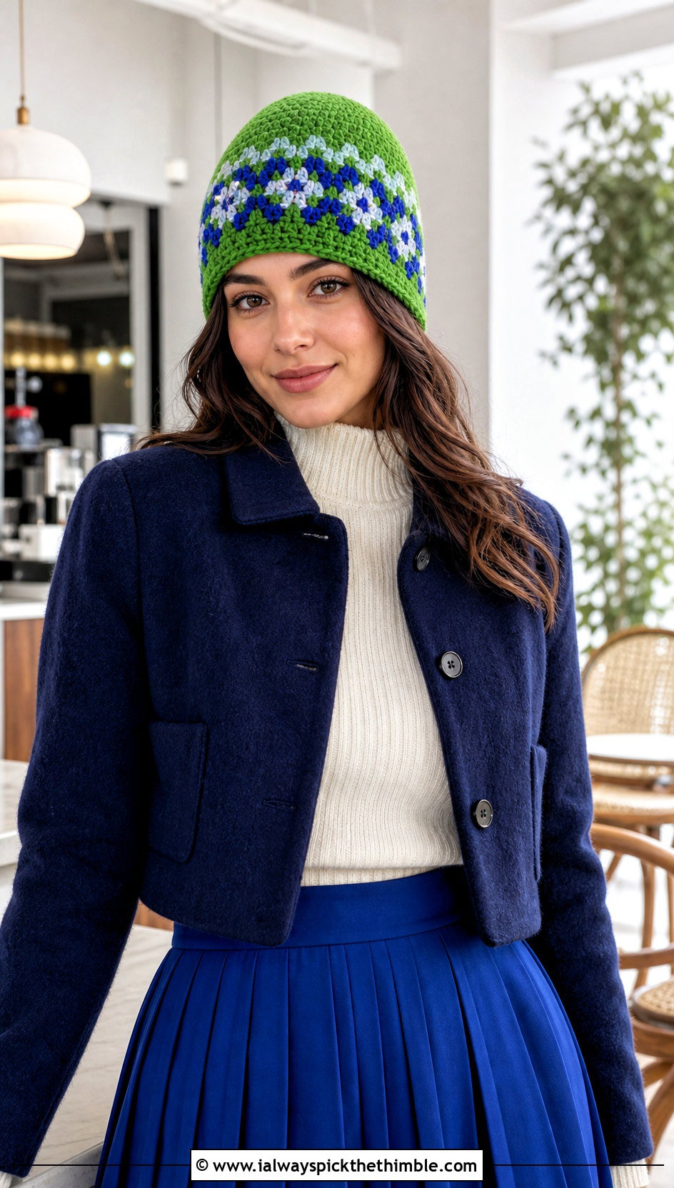 Floral Fair Isle Crochet Beanie With Pleated Skirt - 20 Crochet Fair Isle Beanie outfit ideas