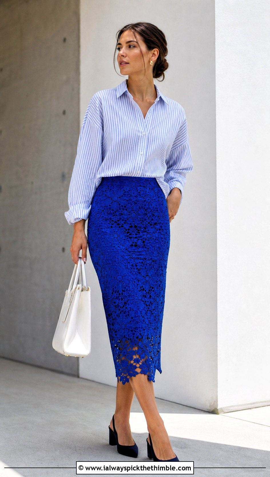 Floral Filet Crochet Pencil Skirt With Striped Shirt - 25 Filet Crochet Skirt outfit ideas