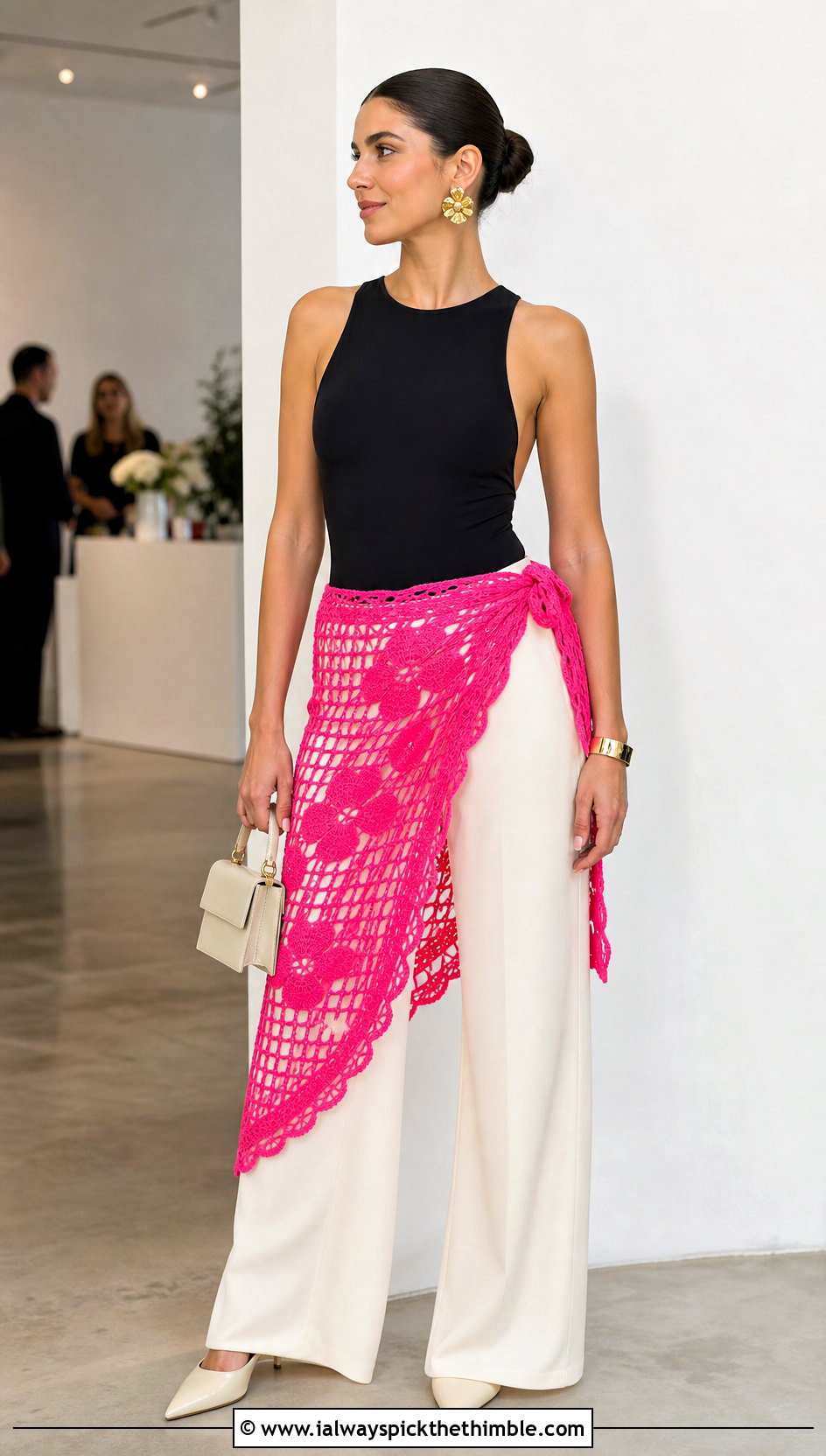Floral Filet Crochet Sarong With Wide Leg Trousers - 25 crochet sarong outfit ideas