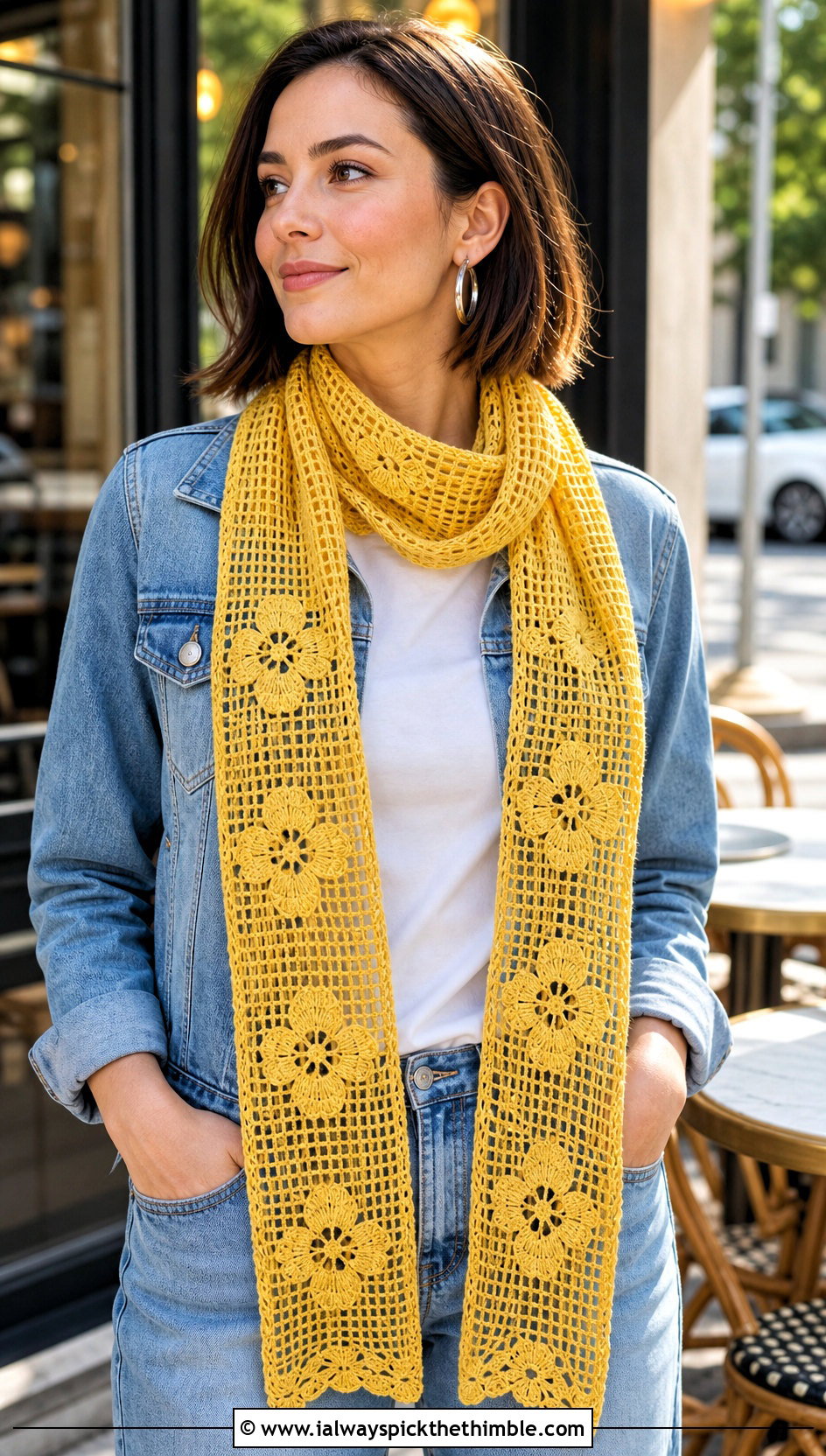 Floral Filet Crochet Scarf With White T Shirt And Jeans - 25 filet crochet scarf outfit ideas