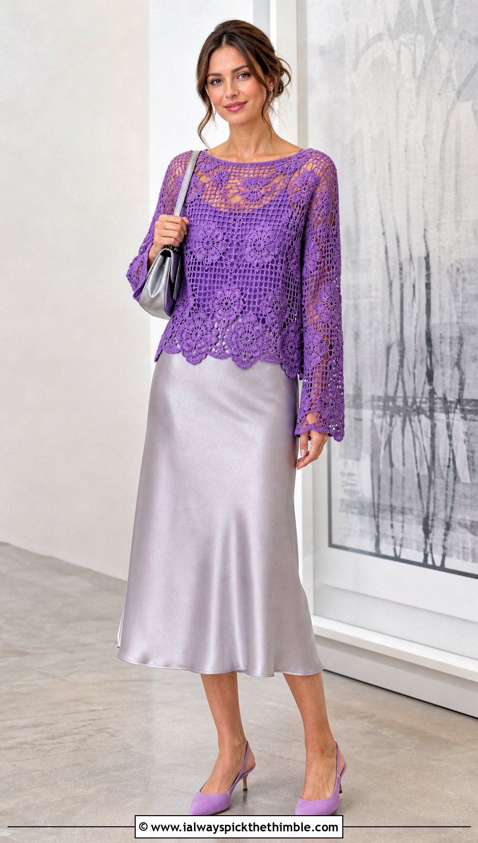 Floral Filet Lace Long Sleeve Top With Satin Midi Skirt - 20 Crochet Flower Top Long Sleeve outfit ideas