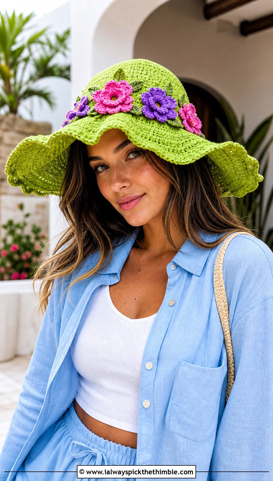 Floral Floppy Crochet Hat With Matching Shorts Set - 20 floppy crochet hat outfit ideas