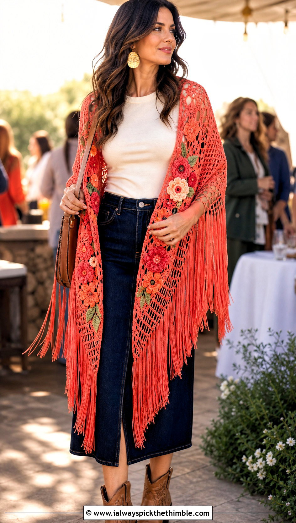 Floral Fringe Triangle Shawl With A Denim Skirt - 15 Crochet Floral Shawl outfit ideas