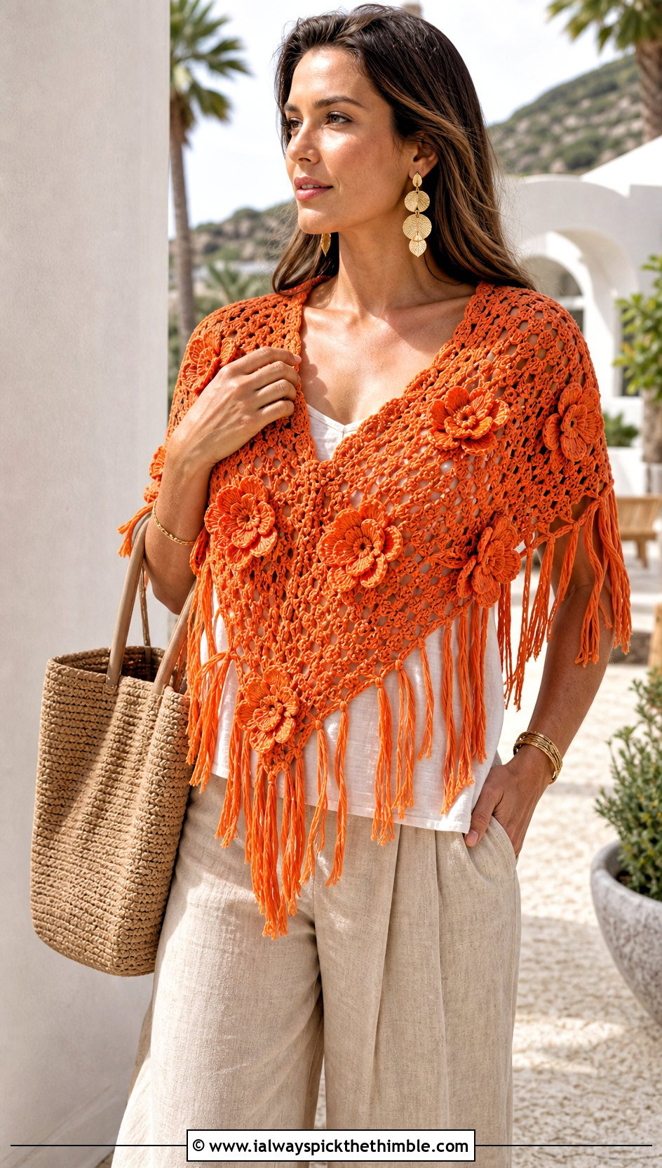Floral Fringe V Shaped Crochet Shawl With Linen Pants - 15 V Shaped Crochet Shawl outfit ideas
