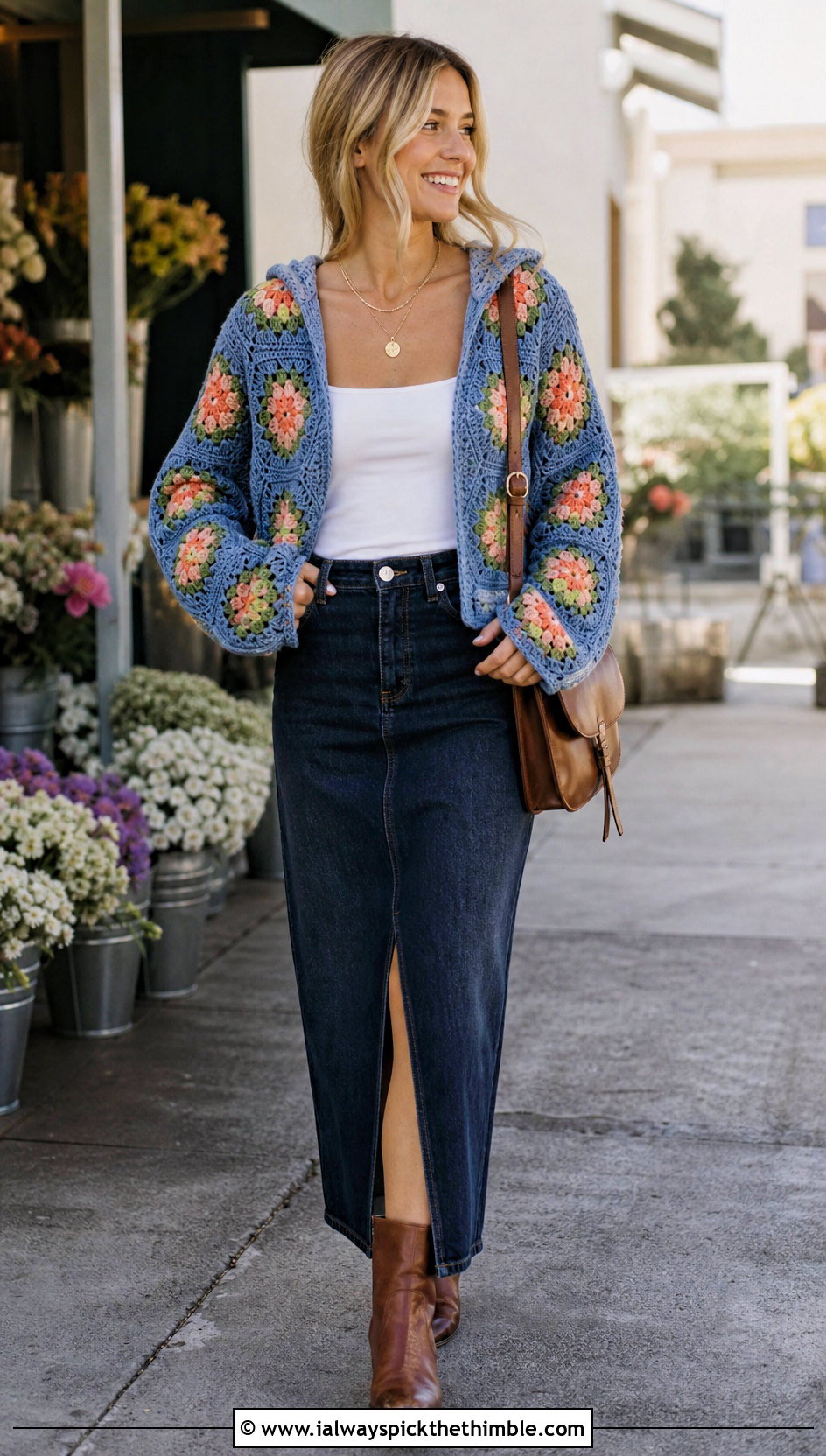Floral Granny Hooded Hexagon Cardigan With Denim Maxi Skirt - 20 Crochet Hexagon Cardigan With Hood outfit ideas